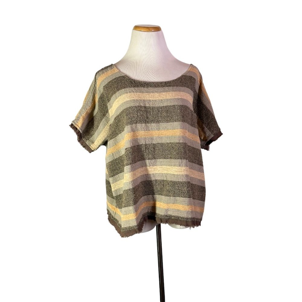 Namsar One Size Striped Top Lagenlook Short Sleeve Cotton